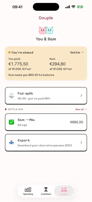 Cartsnooze Couple tab: fair split balance, Sam owes you €60.35, settle-ups and CSV export