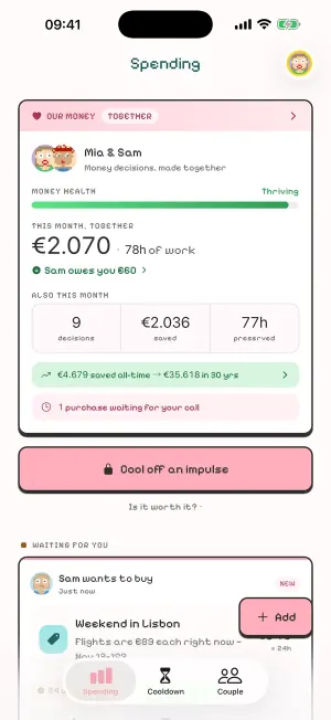 Cartsnooze Spending tab: this month together €2,070, 78 hours of work, Sam owes you €60, money health Thriving